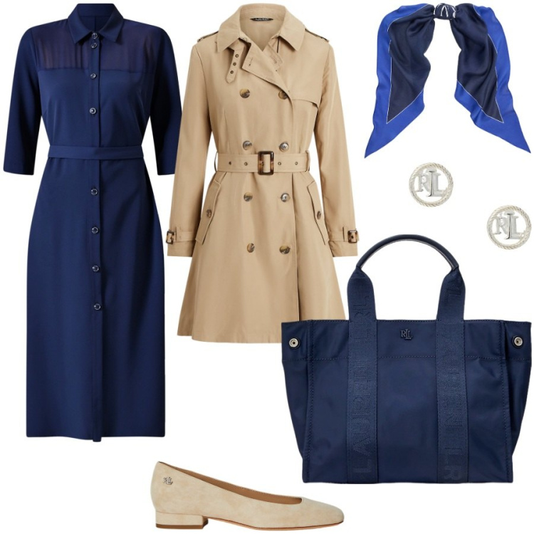 Outfit donna - Blu e beige. Stile Casual chic per Ufficio. Abbinamento con vestiti chemisier, orecchini, borse tote, foulard, ballerine, trench.