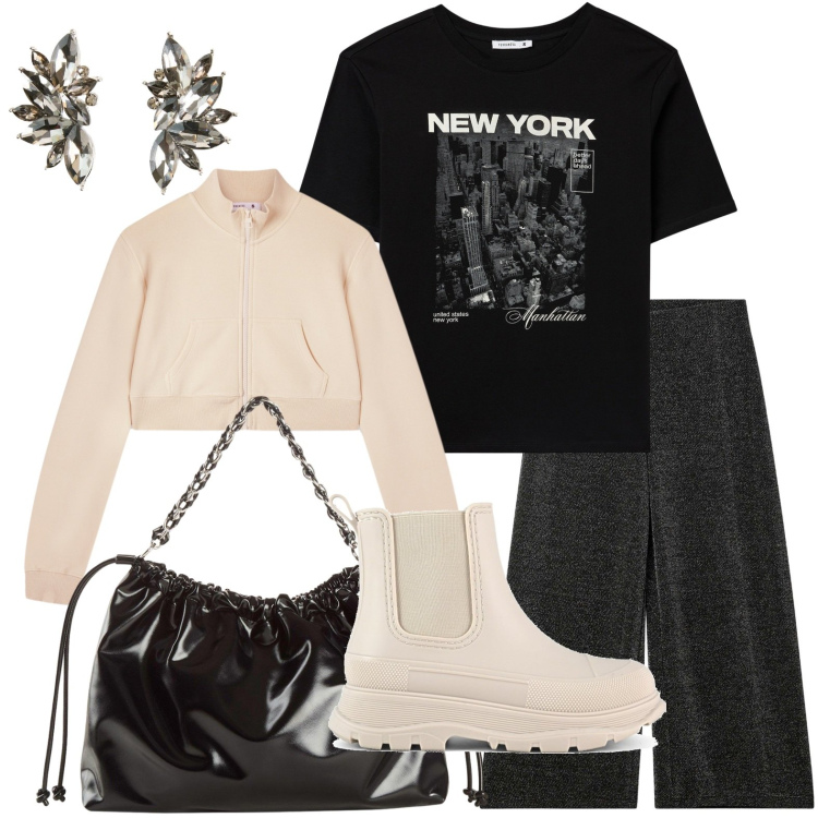 Outfit donna - La t-shirt urbana. Stile Basic per Scuola/Università. Abbinamento con orecchini, shopping bag, t-shirt, pantaloni culotte, felpe, stivali.