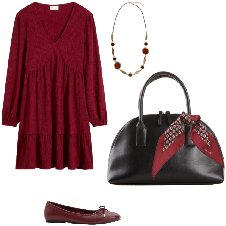 Outfit donna - Vestito e ballerine. Stile Casual chic per Tutti i giorni. Abbinamento con vestiti, shopping bag, ballerine, foulard, collane.