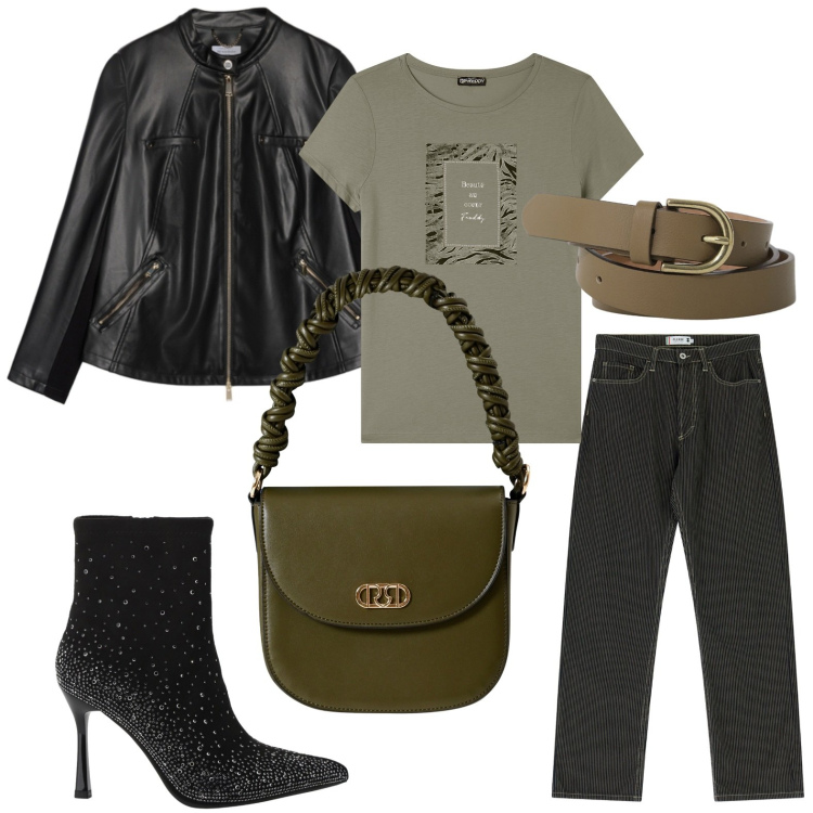 Outfit donna - Biker ribelle. Stile Military per Serata fuori. Abbinamento con pantaloni, cinture, borse a mano, stivaletti, t-shirt, giacche.