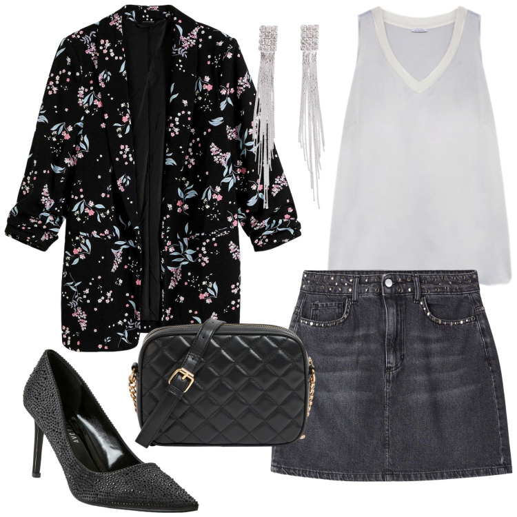 Outfit donna - Total look #2265460. Stile Glamour per Serata fuori. Abbinamento con orecchini, blazer, décolleté, borse a tracolla, minigonne, top.