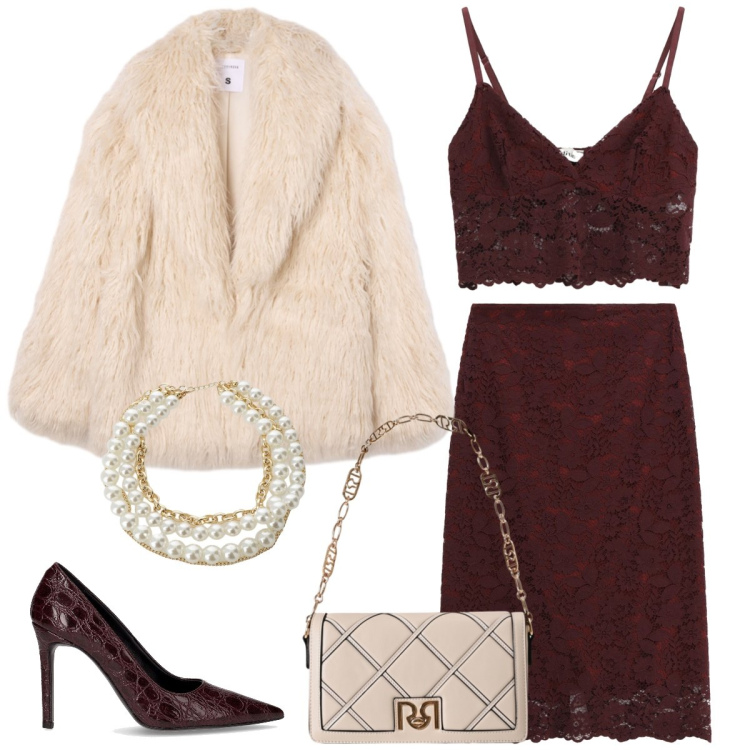 Outfit donna - Total look #2265462. Stile Chic per Serata fuori. Abbinamento con ecopellicce, collane, gonne lunghe, top, borse a tracolla, décolleté.