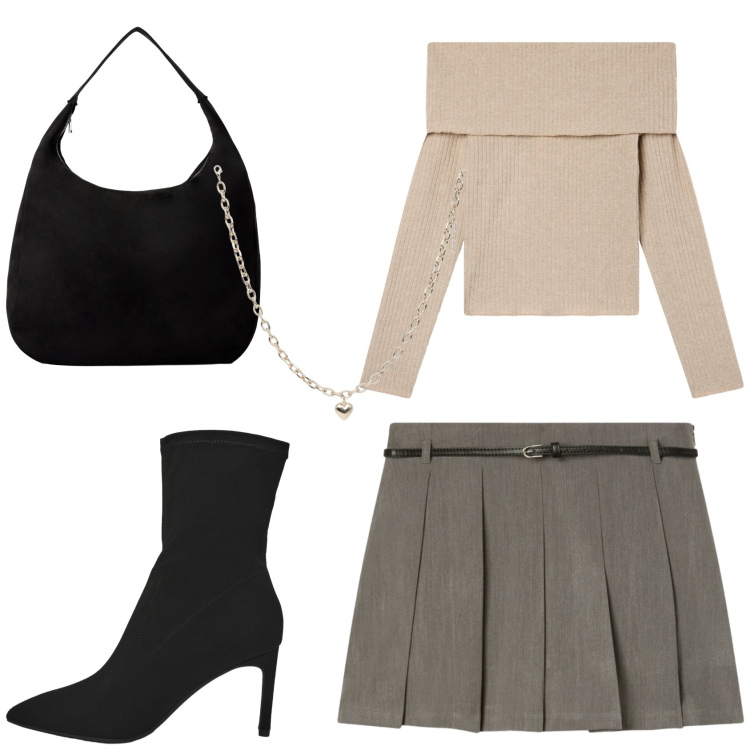 Outfit donna - In citta\' con Terranova. Stile Casual chic per Tutti i giorni. Abbinamento con collane, borse a mano, stivali, minigonne, maglieria.