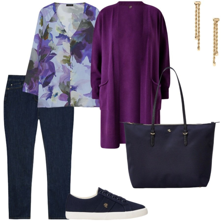 Outfit donna - Mattina fresca. Stile Casual chic per Tutti i giorni. Abbinamento con cardigans, borse tote, sneakers, orecchini, jeans skinny, bluse.