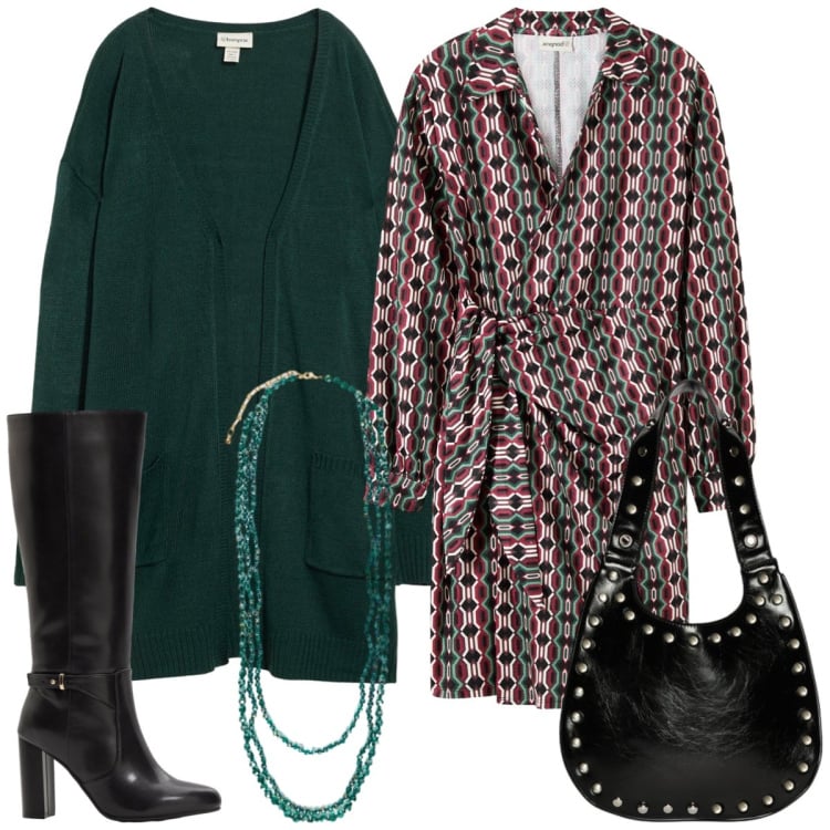 Outfit donna - Total look #2265466. Stile Chic per Tutti i giorni. Abbinamento con cardigans, vestiti, stivali, collane, borse a spalla.