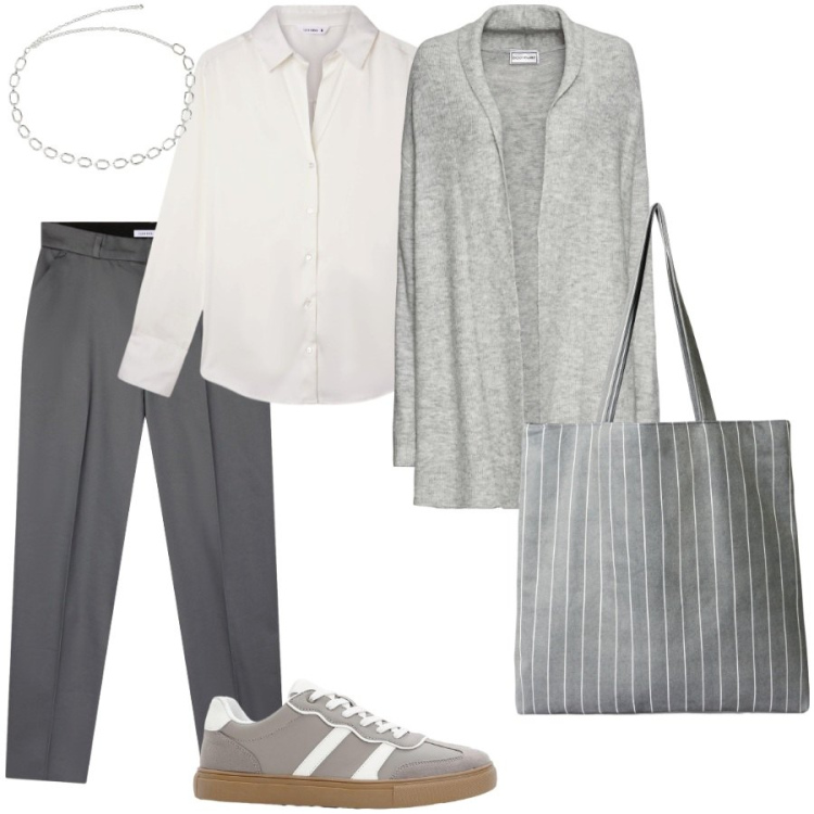 Outfit donna - In centro. Stile Casual chic per Tutti i giorni. Abbinamento con cardigans, sneakers, camicie, shopping bag, pantaloni chino, collane.