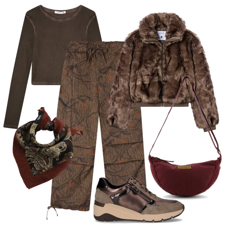 Outfit donna - Passeggiata in autunno. Stile Urban per Tutti i giorni. Abbinamento con ecopellicce, pantaloni cargo, t-shirt, foulard, sneakers alte, borse a tracolla.