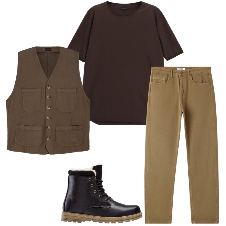 Outfit uomo - Total look #2265469. Stile Trendy per Serata speciale. Abbinamento con stivali e stivaletti, jeans dritti, t-shirt, gilet.