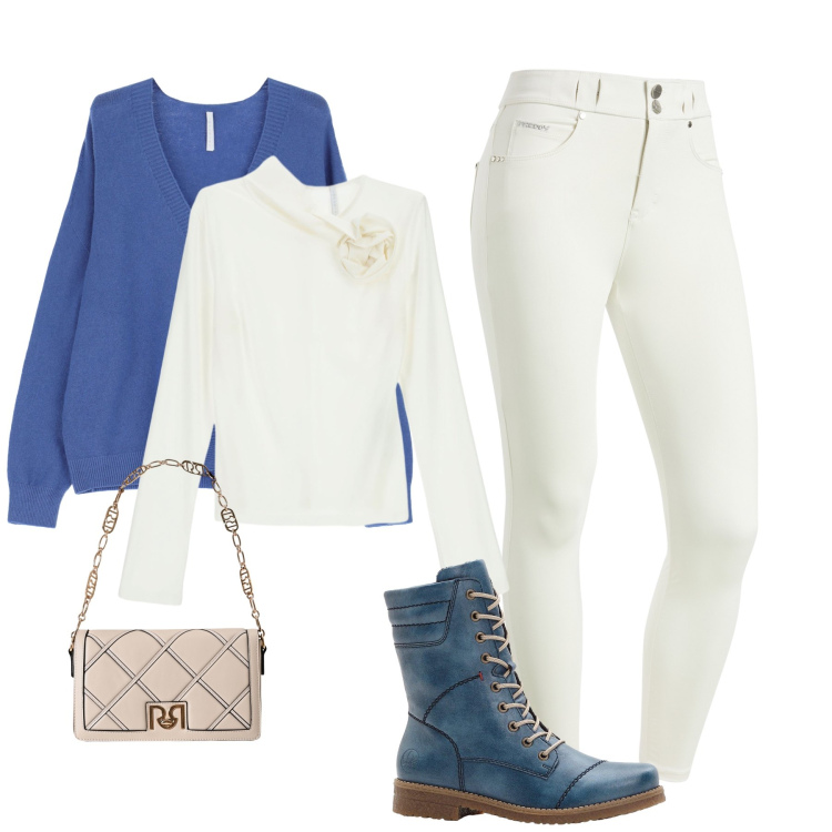 Outfit donna - Autunno bianco e azzurro. Stile Casual per Tutti i giorni. Abbinamento con stivaletti, borse a tracolla, cardigans, t-shirt, pantaloni skinny.