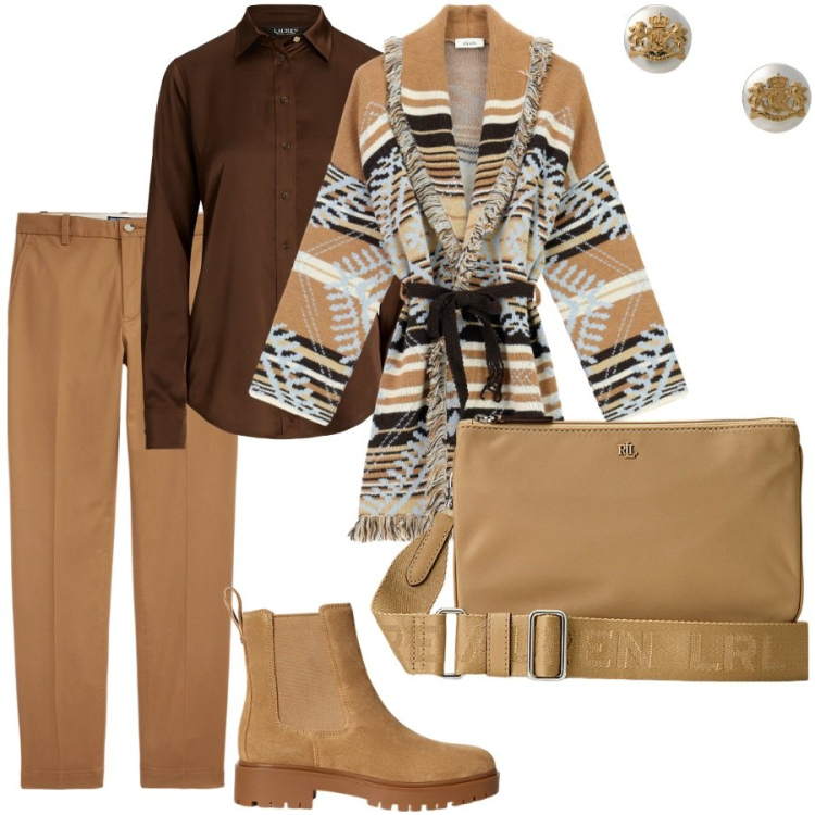 Outfit donna - Cakde sfumature. Stile Casual chic per Ufficio. Abbinamento con cardigans, pantaloni chino, camicie, orecchini, borse a tracolla, stivaletti chelsea.