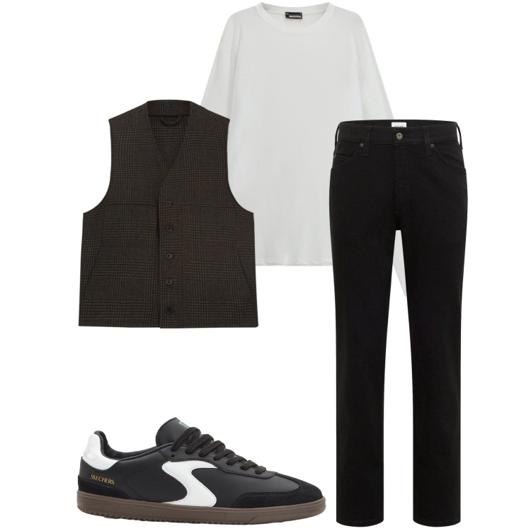 Outfit uomo - Total look #2265474. Stile Casual per Tutti i giorni. Abbinamento con sneakers, jeans dritti, maglieria, gilet.