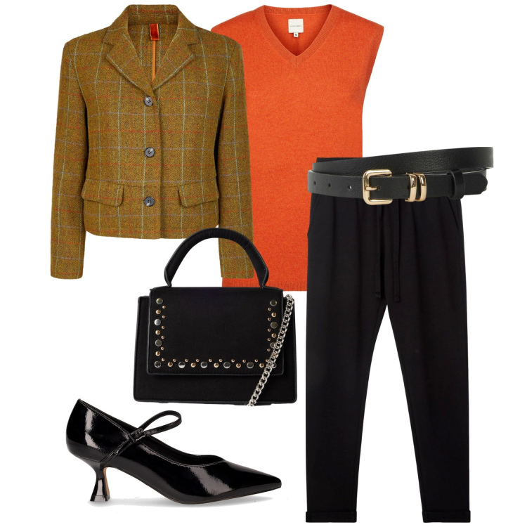 Outfit donna - Total look #2265478. Stile Casual chic per Tutti i giorni. Abbinamento con cinture, pantaloni, borse a tracolla, blazer, maglieria, décolleté.