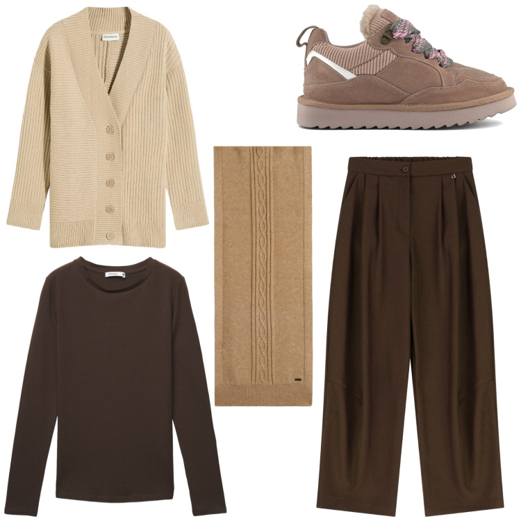 Outfit donna - Il cardigan ecru\'. Stile Urban per Tutti i giorni. Abbinamento con cardigans, t-shirt, pantaloni a palazzo, sciarpe, sneakers alte.