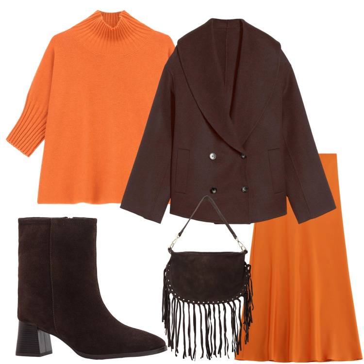 Outfit donna - Arancione a ottobre. Stile Casual chic per Tutti i giorni. Abbinamento con caban, stivaletti, borse a tracolla, maglieria, gonne lunghe.