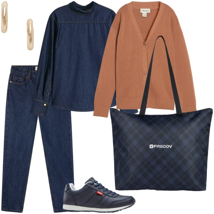 Outfit donna - Il blu denim. Stile Casual per Tutti i giorni. Abbinamento con cardigans, sneakers, camicie, jeans mom, shopping bag, orecchini.