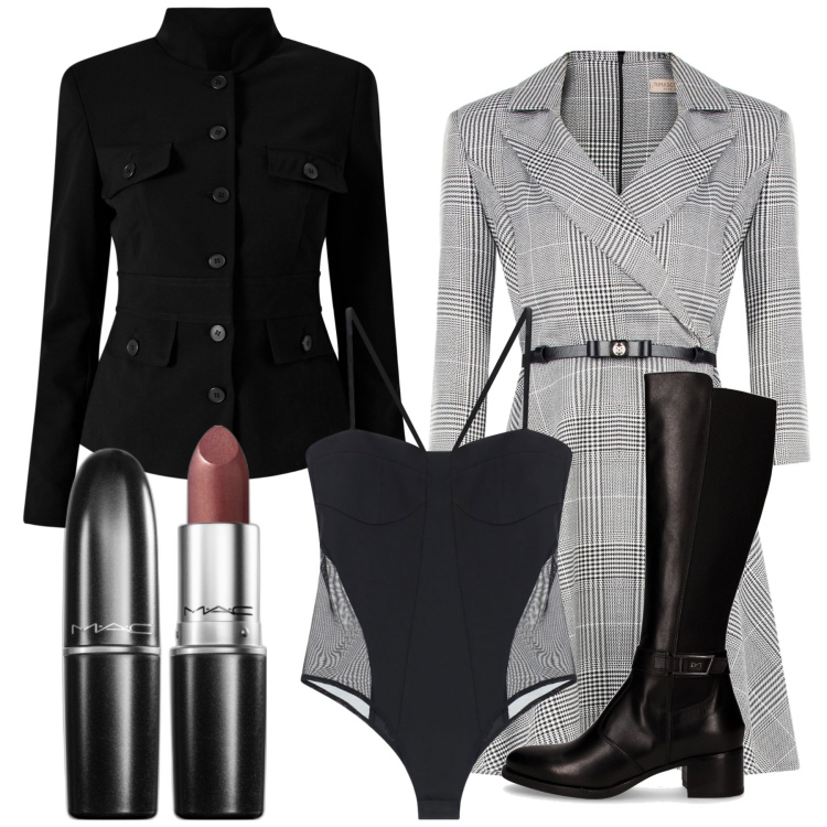 Outfit donna - Formale. Stile Urban per Ufficio. Abbinamento con rossetti, vestiti corti, blazer, body, stivali.