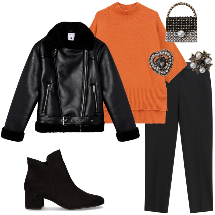 Outfit donna - Arancione a ottobre. Stile Urban per Tutti i giorni. Abbinamento con giacche, maglieria, accessori per capelli, pantaloni, stivaletti.