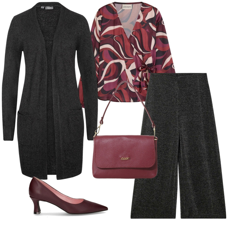 Outfit donna - Total look #2265492. Stile Casual chic per Ufficio. Abbinamento con camicie, cardigans, pantaloni culotte, borse a tracolla, décolleté.