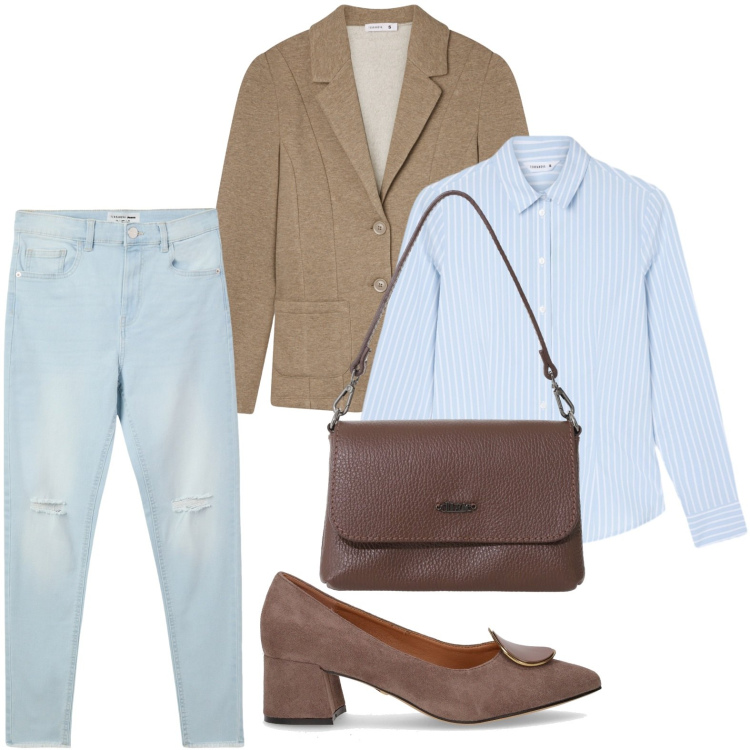 Outfit donna - La giacca in lana. Stile Casual chic per Ufficio. Abbinamento con jeans strappati, blazer, camicie, borse a tracolla, décolleté.