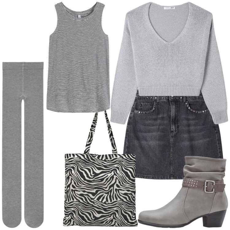 Outfit donna - Total look #2265496. Stile Casual chic per Tutti i giorni. Abbinamento con top, stivaletti, maglieria, borse tote, collant, minigonne.