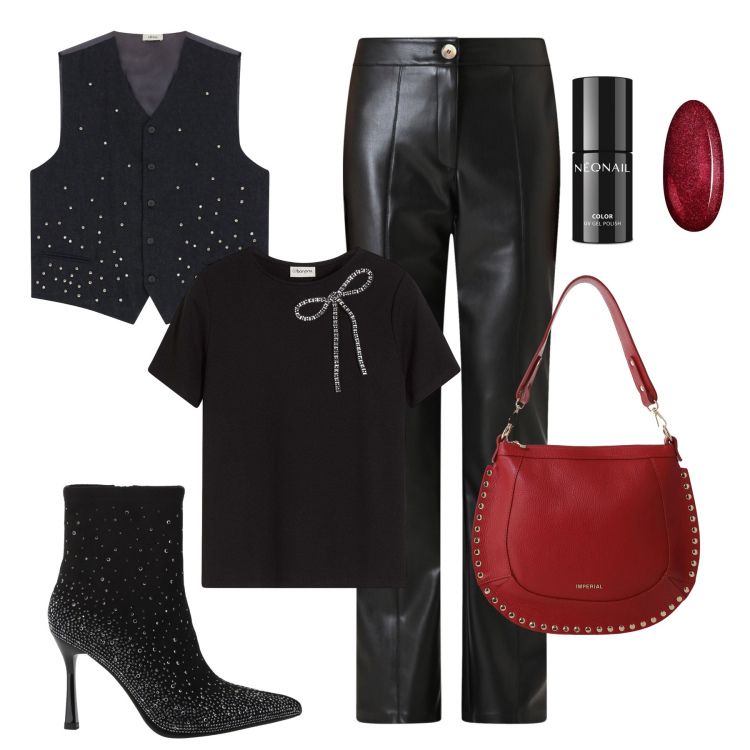 Outfit donna - Cena a casa di amici. Stile Casual chic per Serata fuori. Abbinamento con t-shirt, smalti, pantaloni, stivaletti, borse a spalla, gilet.