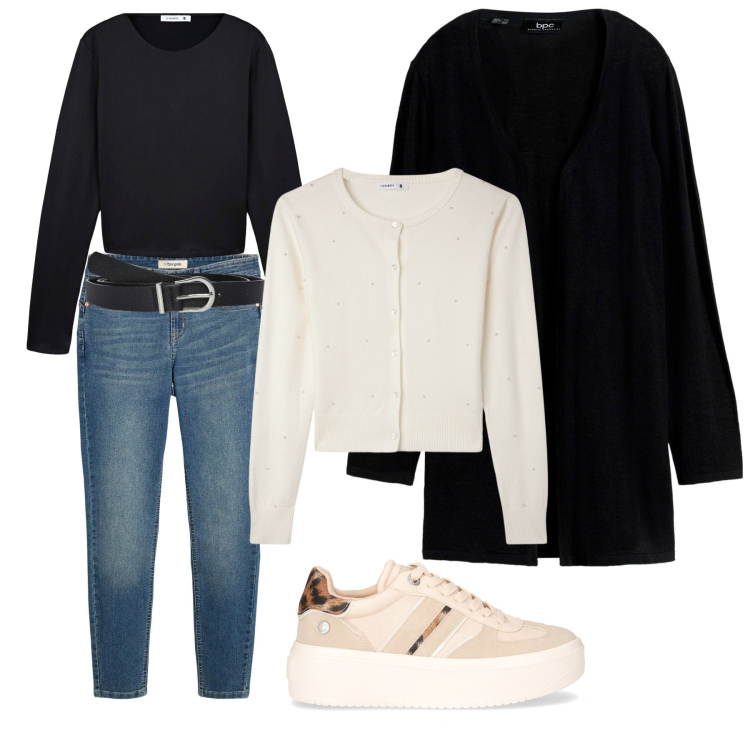 Outfit donna - Basic must have. Stile Casual chic per Tutti i giorni. Abbinamento con jeans skinny, cardigans, cardigans, cinture, t-shirt, sneakers.