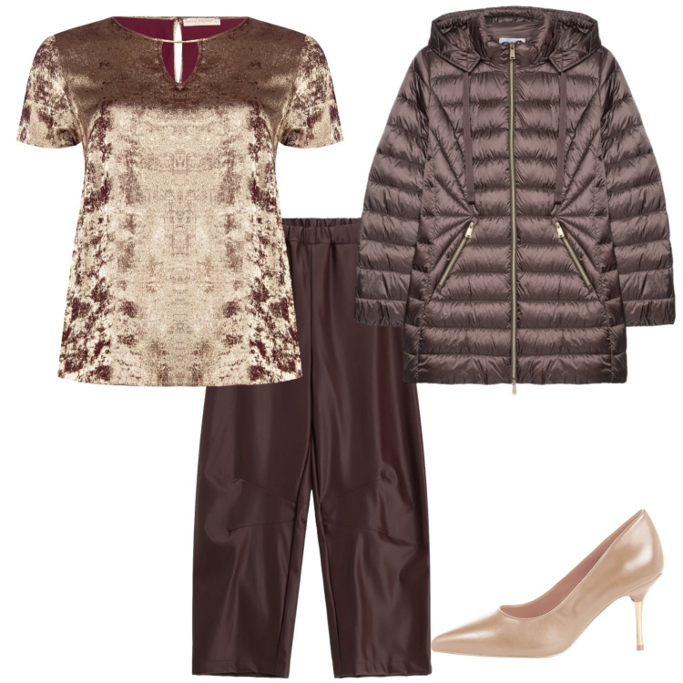 Outfit donna - Golden hour. Stile Chic per Serata fuori. Abbinamento con bluse, décolleté, pantaloni, piumini.