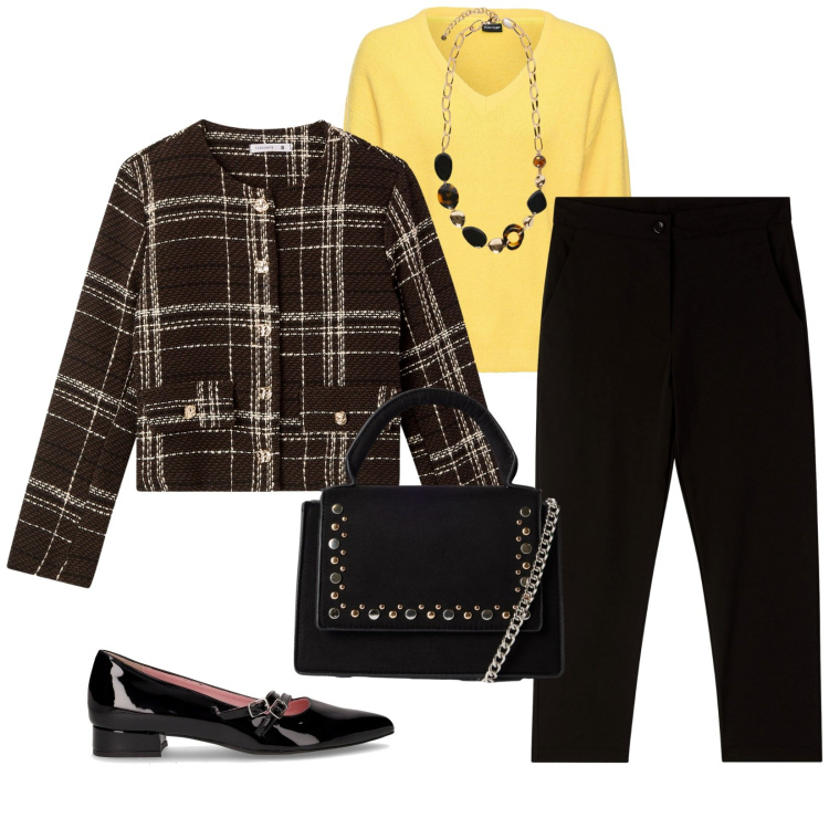 Outfit donna - Total look #2265516. Stile Bon Ton per Ufficio. Abbinamento con maglieria, blazer, borse a tracolla, pantaloni capri, collane, ballerine.