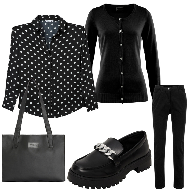 Outfit donna - Pois. Stile Casual chic per Ufficio. Abbinamento con cardigans, pantaloni, mocassini, camicie, shopping bag.