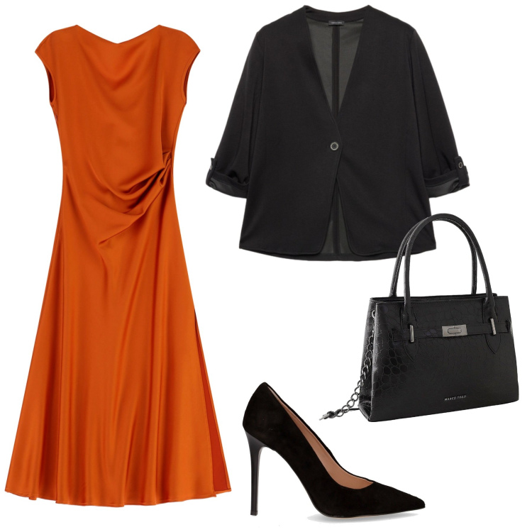 Outfit donna - Arancione a ottobre. Stile Glamour per Serata fuori. Abbinamento con borse a mano, vestiti lunghi, blazer, décolleté.