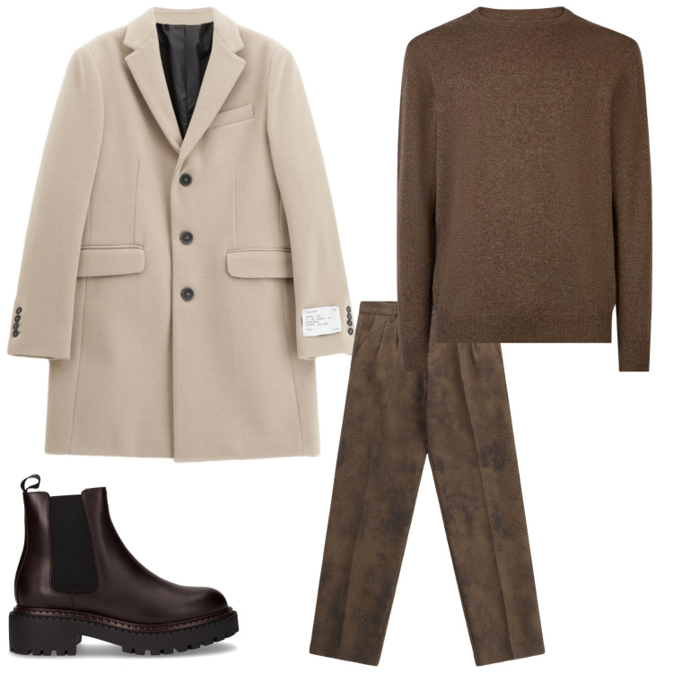 Outfit uomo - Cammello. Stile Business/Elegante per Ufficio. Abbinamento con pantaloni, cappotti, maglieria, stivali e stivaletti.