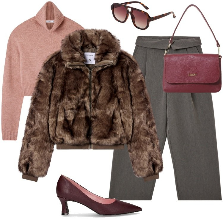 Outfit donna - Total look #2265531. Stile Casual chic per Ufficio. Abbinamento con occhiali da sole, pantaloni, ecopellicce, maglieria, borse a tracolla, décolleté.