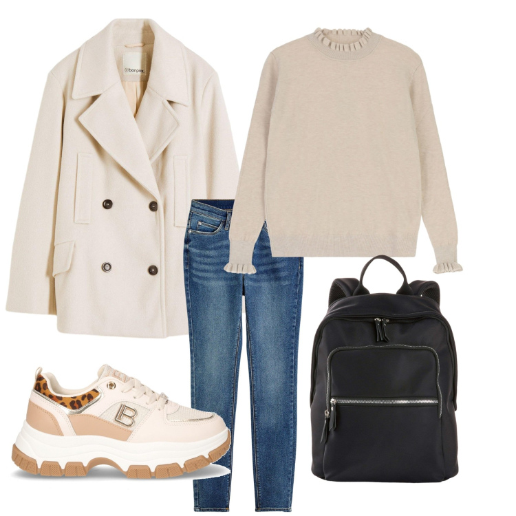 Outfit donna - Weekend autunnale. Stile Casual chic per Tutti i giorni. Abbinamento con jeans skinny, caban, zaini, maglieria, sneakers.