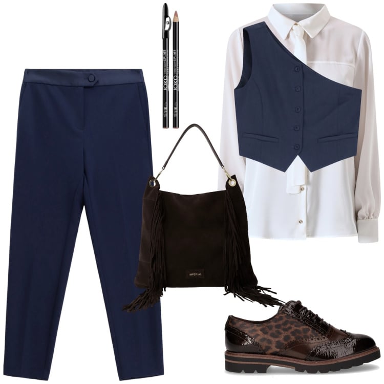 Outfit donna - Total look #2265540. Stile Casual chic per Tutti i giorni. Abbinamento con matite labbra, camicie, pantaloni, gilet, borse a spalla, scarpe stringate.