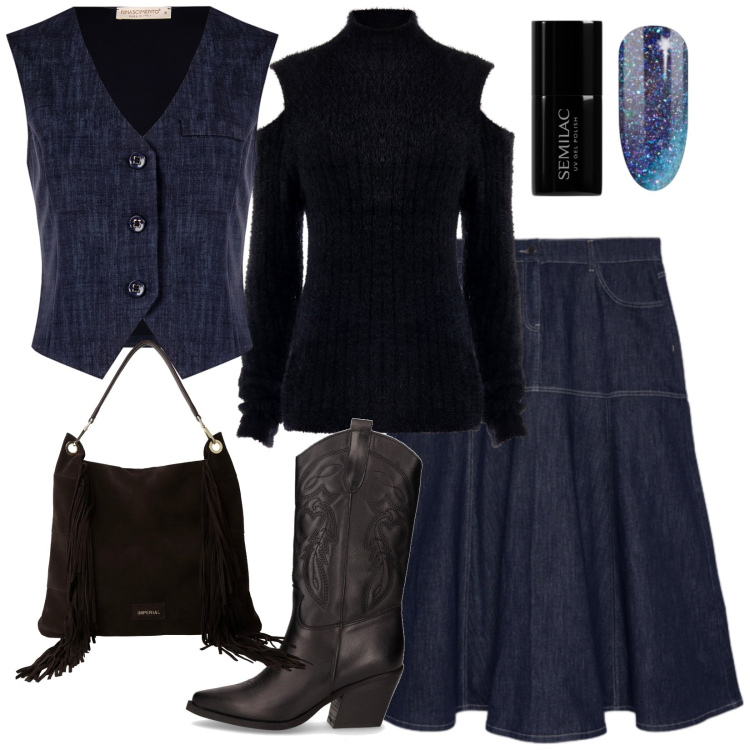 Outfit donna - Total look #2265545. Stile Trendy per Serata fuori. Abbinamento con smalti, maglieria, gilet, borse a spalla, gonne lunghe, stivali.