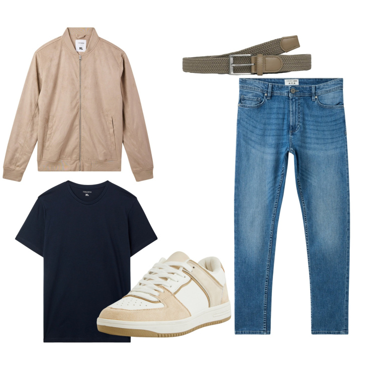 Outfit uomo - Casual Leo. Stile Casual per Tutti i giorni. Abbinamento con jeans skinny, sneakers, bomber, t-shirt, cinture.