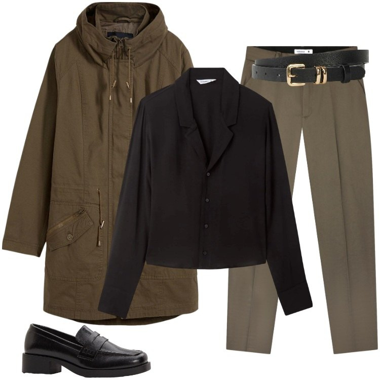 Outfit donna - Total look #2265549. Stile Mannish per Ufficio. Abbinamento con parka, cinture, mocassini, pantaloni chino, camicie.