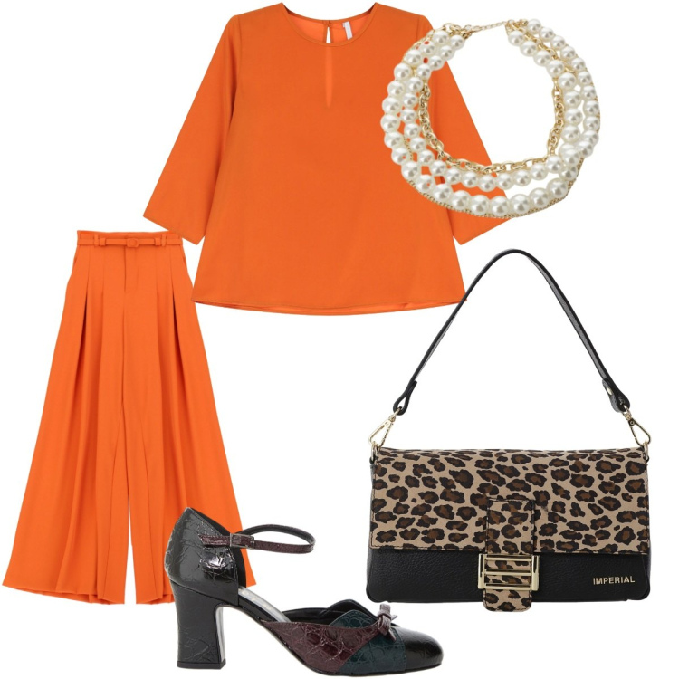 Outfit donna - Arancione a ottobre. Stile Casual chic per Tutti i giorni. Abbinamento con top, pantaloni a palazzo, borse a spalla, décolleté, collane.