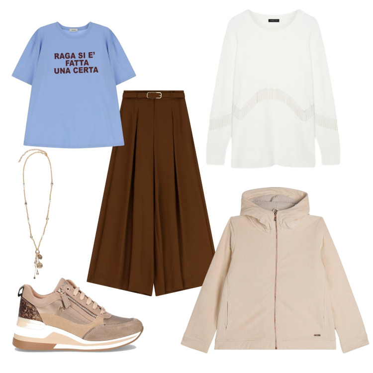 Outfit donna - Si è fatta una certa. Stile Casual per Tutti i giorni. Abbinamento con pantaloni, t-shirt, blazer, sneakers alte, ciondoli, maglieria.
