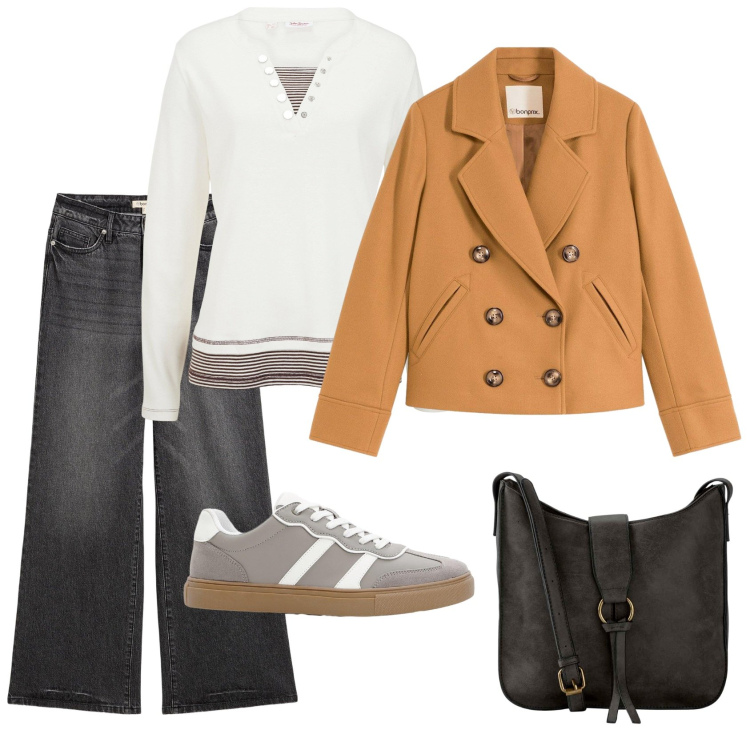 Outfit donna - Università. Stile Casual per Scuola/Università. Abbinamento con maglieria, jeans, caban, borse a tracolla, sneakers.