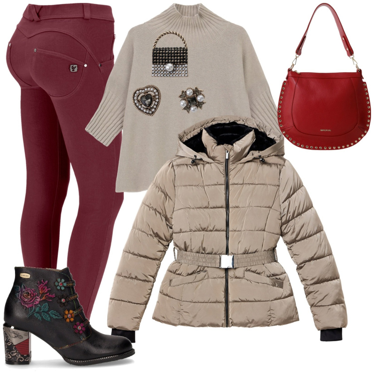 Outfit donna - Total look #2265558. Stile Urban per Serata fuori. Abbinamento con piumini, maglieria, accessori per capelli, borse a spalla, pantaloni skinny, stivaletti.