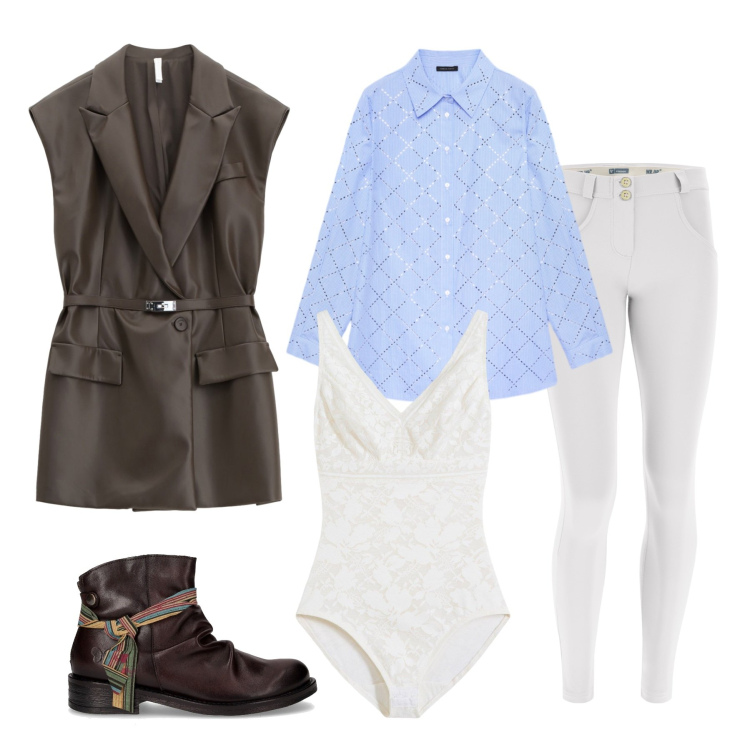Outfit donna - Giacca. Stile Glamour per Ufficio. Abbinamento con body, pantaloni skinny, gilet, camicie, stivaletti chelsea.