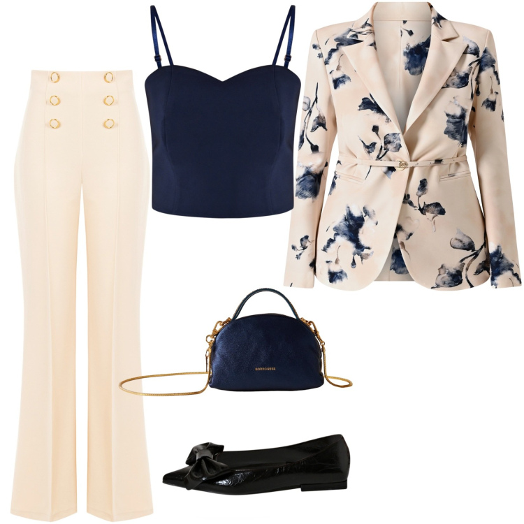 Outfit donna - Total look #2265560. Stile Chic per Cerimonia. Abbinamento con borse a mano, top, pantaloni, ballerine, blazer.