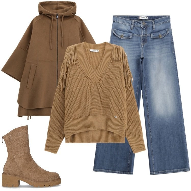 Outfit donna - Total look #2265561. Stile Boho per Tutti i giorni. Abbinamento con maglieria, jeans, cappotti, stivaletti.