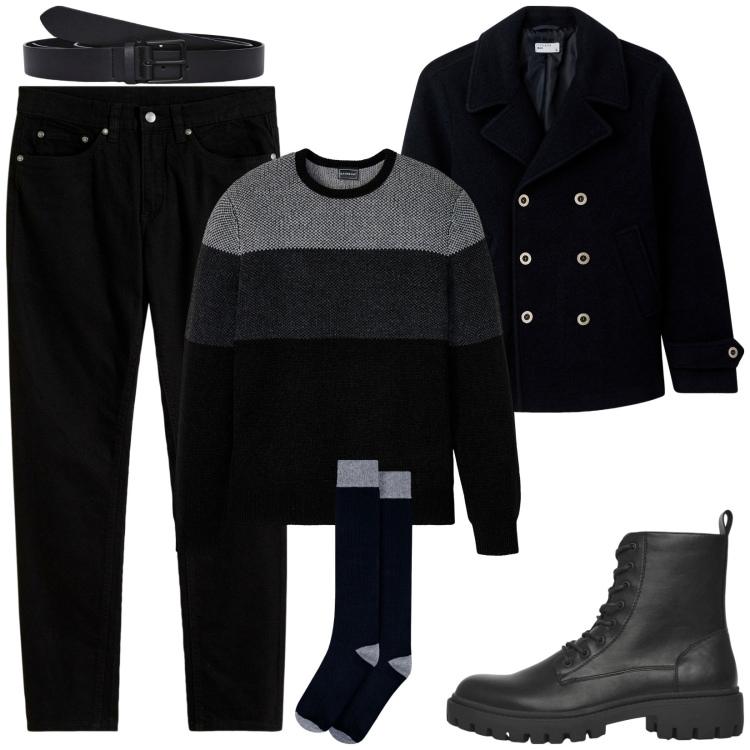 Outfit uomo - Total black. Stile Trendy per Serata speciale. Abbinamento con jeans slim fit, maglieria, cappotti, cinture, anfibi, calzini.