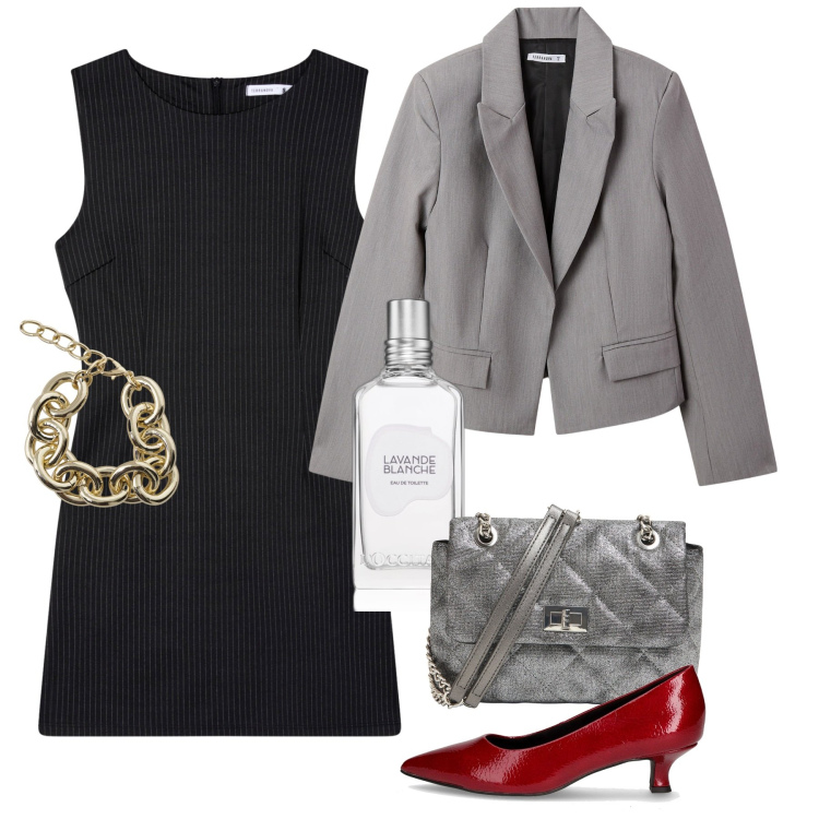 Outfit donna - Il tubino di default. Stile Bon Ton per Tutti i giorni. Abbinamento con profumi, borse a tracolla, blazer, vestiti senza maniche, braccialetti, décolleté.
