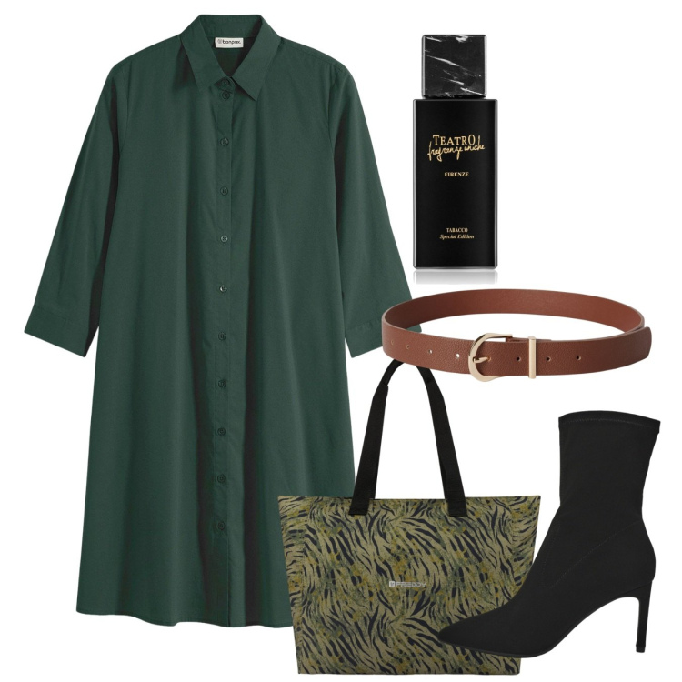 Outfit donna - Ottobre. Stile Bon Ton per Ufficio. Abbinamento con vestiti chemisier, profumi, cinture, stivali, shopping bag.