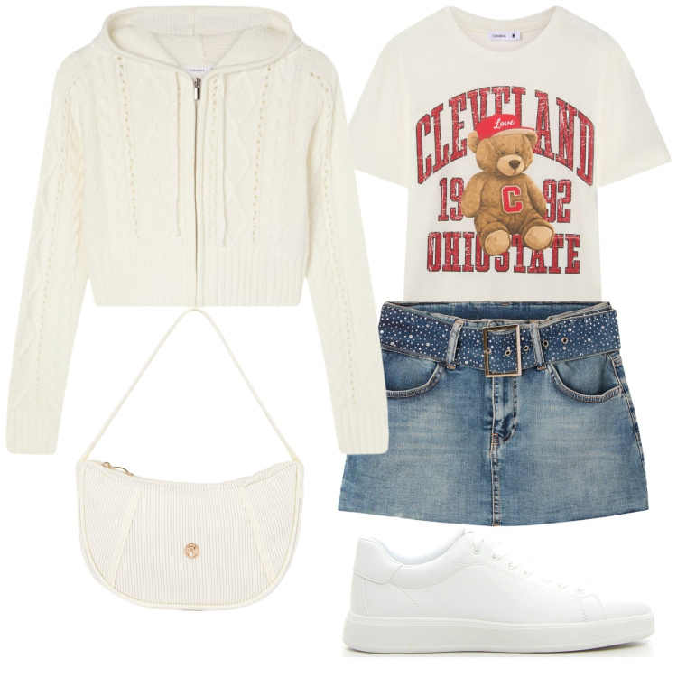 Outfit donna - Total look #2265576. Stile Casual per Tutti i giorni. Abbinamento con cardigans, t-shirt, minigonne, borse a mano, sneakers.