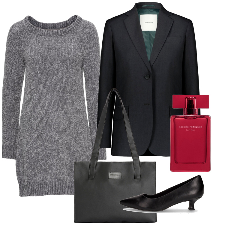 Outfit donna - Minimal grey. Stile Minimal per Tutti i giorni. Abbinamento con vestiti, profumi, shopping bag, blazer, décolleté.