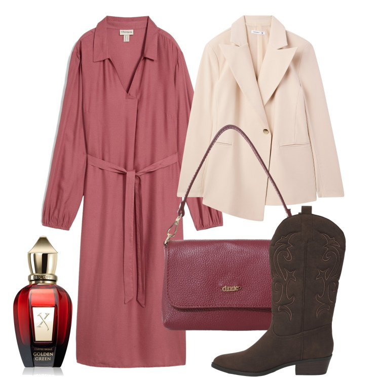 Outfit donna - Blush autunno. Stile Bon Ton per Tutti i giorni. Abbinamento con vestiti midi/longuette, profumi, blazer, stivaletti texani, borse a tracolla.